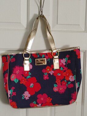 Lilly Pulitzer Garden Games Shore Tote Bag Floral Weekender Blue and Gold Purse